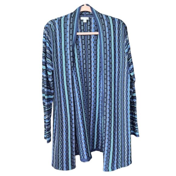 J Jill Womens 3D Knit Longline Open Cardigan Size M Blue Striped 80s Grannycore - Picture 1 of 9